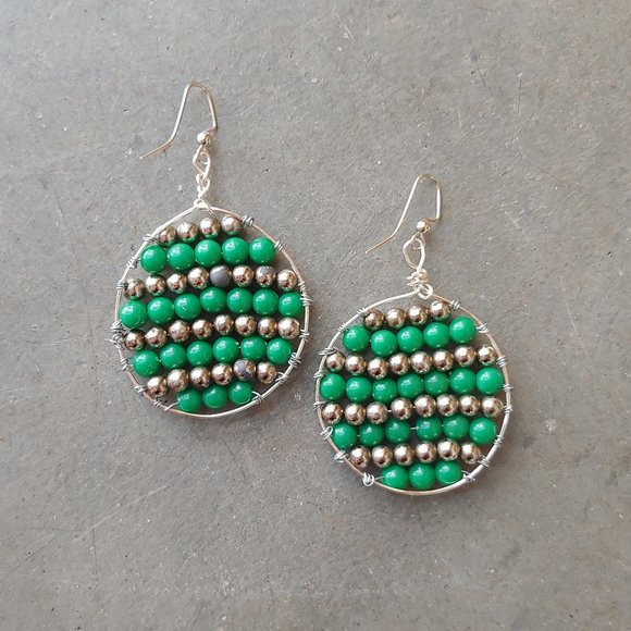 Handmade Round Circle Green Silver Beaded Woven Dangle Earrings - Picture 5 of 5
